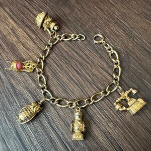 Vintage Avon Gold Tone Charm Bracelet: Chair, Owl, Pitcher, Phone, Signed 7 inch